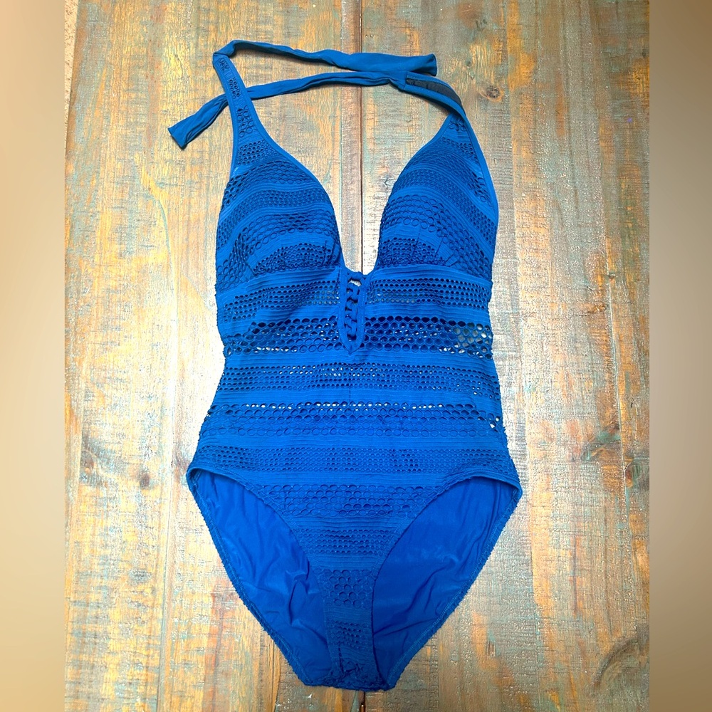 Bleu Rod Beattie Halter Tie Back Open Midsection One Piece Bathing Suit